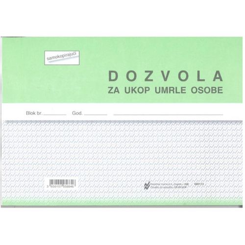 IV-31/P DOZVOLA ZA POKOP UMRLE OSOBE; Blok 2 x 50 listova, 21 x 14,8 cm slika 1