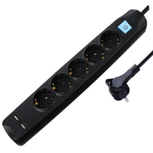 Transmedia 5-way power strip with 2x USB, black, 1,5m slika 1