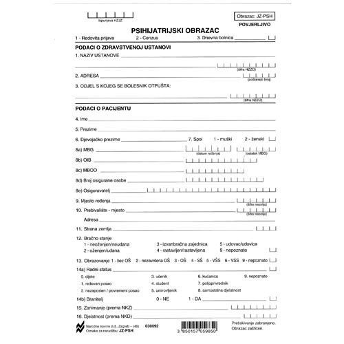 JZ-PSH PSIHIJATRIJSKI OBRAZAC (Obrazac JZ - PSH); List, 14,8 x 21 cm slika 2