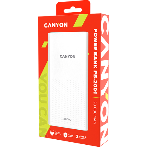 CANYON PB-2001 Power bank 20000mAh Li-poly battery, Input 5V/2A , Output 5V/2.1A(Max) , 144*69*28.5mm, 0.440Kg, white slika 3