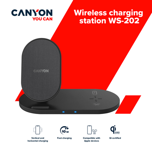 CANYON WS-202 2in1 Wireless charger, Input 5V/3A, 9V/2.67A, Output 10W/7.5W/5W, Type c cable length 1.2m, PC+ABS,with PU part ,180*86*111.1mm, 0.185Kg,Black slika 4