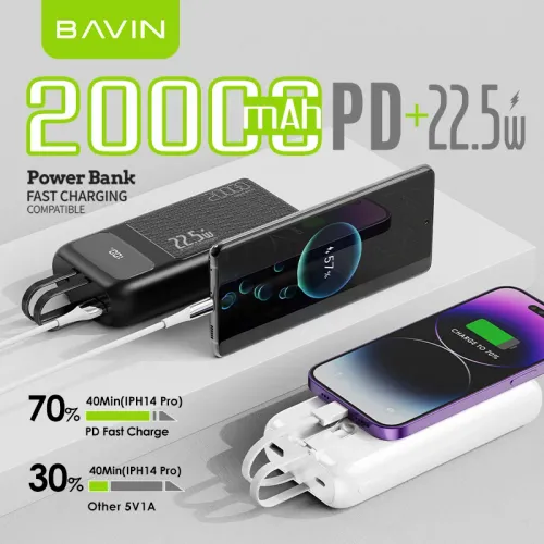 Bavin Power bank 20000mAh 22,5W Type C & Ligtning kabl bela slika 7