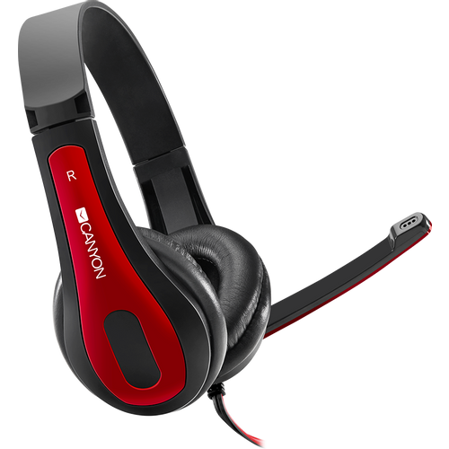 CANYON HSC-1 basic PC headset with microphone, combined 3.5mm plug, leather pads, Flat cable length 2.0m, 160*60*160mm, 0.13kg, Black-red slika 1