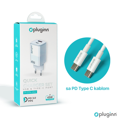 Kucni punjac Pluginn PI-D74-45w, GaN, QC3.0, PD3.0, PPS, USB 19W, PD 45W sa PD Type C kablom beli CE slika 3