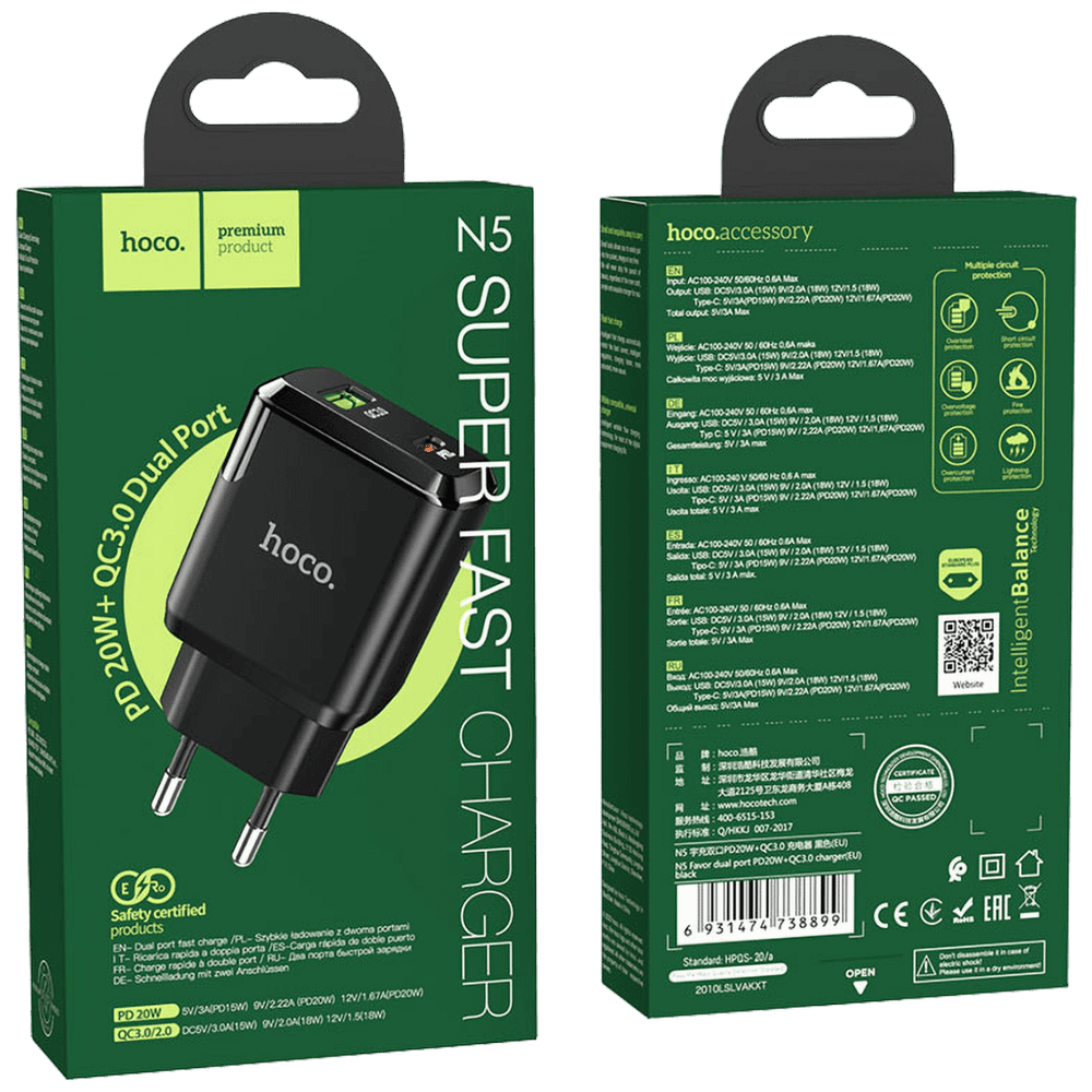 hoco. Punjač kućni, brzi, PD 20W, QC3.0 18W - N5 Favor Black slika 4