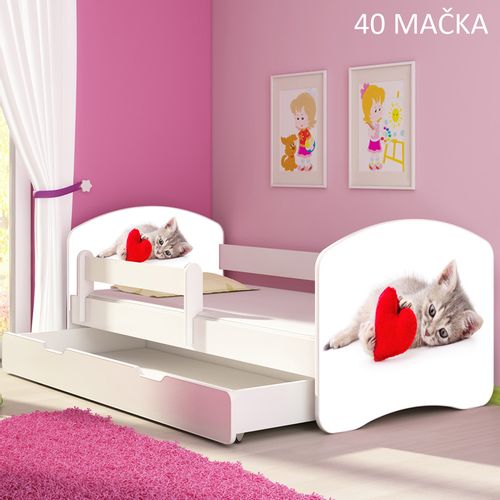 Dječji krevet ACMA s motivom, bočna bijela + ladica 160x80 cm - 40 Mačka slika 1