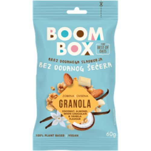 Boom Box Zobena granola s kokosom, bademima, okus bijela čokolada, vanilija 60g slika 1