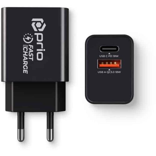 Prio Fast Charge zidni punjač 18W PD(USB C)+QC 3.0(USB A) crni slika 1