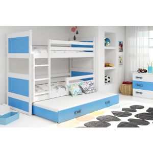 Drveni dječji krevet na sprat Rico sa tri kreveta - 200x90cm - Bijeli/Plavi