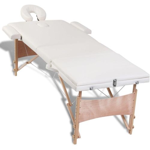 Sklopivi stol za masažu s drvenim okvirom trodijelni krem bijeli slika 5