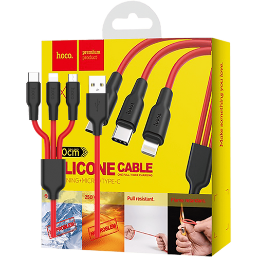 hoco. USB kabl, 3in1, microUSB, type C, Lightning, 1.2 met., 2 A - X21 Silicone 3in1, Black/Red slika 1