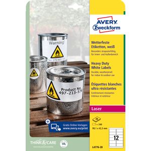 Avery Zweckform L4776-20 iznimo otporne naljepnice A4 99,1x42,3mm vodootporne 20 listova 240 naljepnica bijele