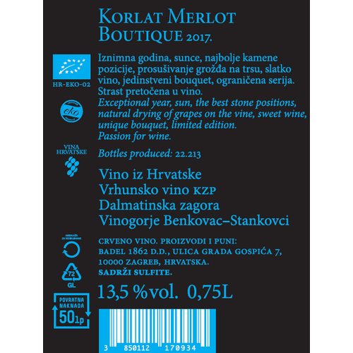 Korlat Boutique Merlot EKO 2017 0,75L, zaštićena oznaka izvornosti slika 2