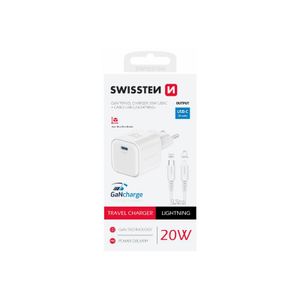 SWISSTEN punjač za AC220, GaN, 20W, 1xUSB-C, 3A, bijeli + Lightning kabel