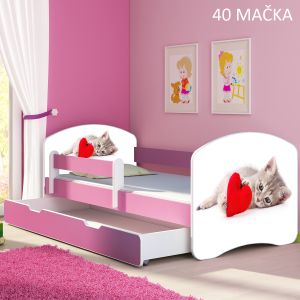 Dječji krevet ACMA s motivom, bočna roza + ladica 140x70 cm - 40 Mačka