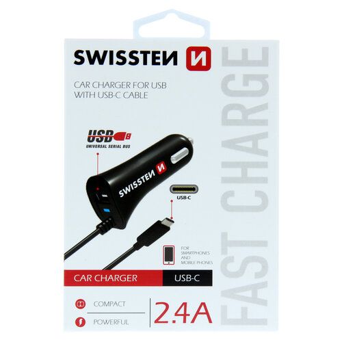 Auto punjac TIP C sa kablom+USB 2,4A, SWISSTEN slika 1