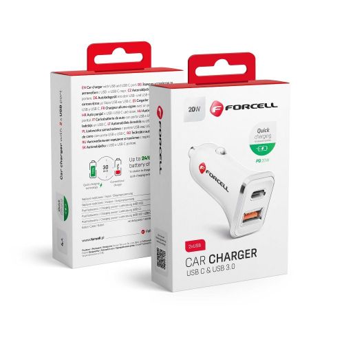 FORCELL auto punjač USB 3.0 + USB C Quick Charging + Power Delivery PD20W 4A CC-QCPD01 bijeli slika 1