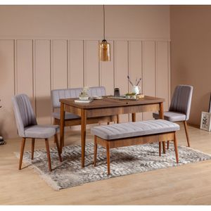 Vina Walnut Soho Sivi Orah - Proširivi Trpezarijski Sto i Set Stolica (5 Komada)