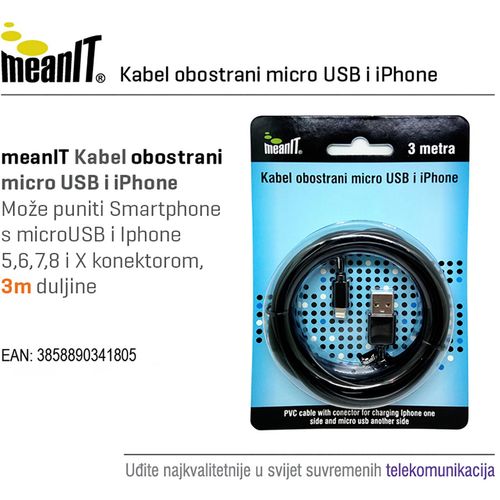 MeanIT USB kabl sa micro USB i iPhone priključkom, 3 met - KABEL MICROUSB / iPHONE slika 2