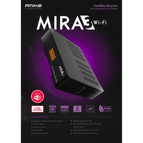 Amiko Prijemnik satelitski, DVB-S/S2, Full HD, USB, WiFi - MIRA3 WIFI slika 4