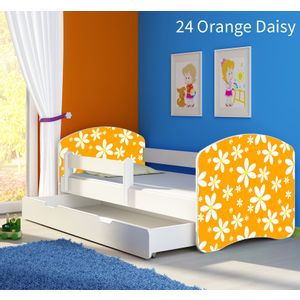 Dječji krevet ACMA s motivom, bočna bijela + ladica 140x70 cm 24-orange-daisy
