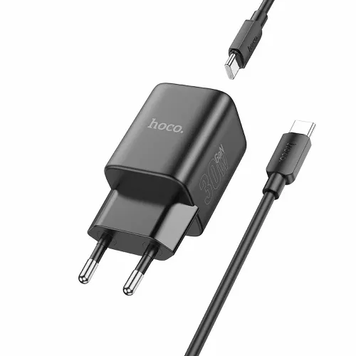 HOCO tip C zidni punjač + tip C na tip C kabel PD QC 30W GaN N43 crna slika 2