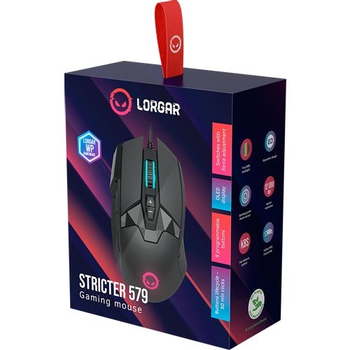 LORGAR Stricter 579, gaming mouse, 9 programmable buttons, Pixart PMW3336 sensor, DPI up to 12 000, 50 million clicks buttons lifespan, 2 switches, built-in display, 1.8m USB soft silicone cable, Matt UV coating with glossy parts and RGB lights with 4 LED flowing modes, size: 131*72*41mm, 0.127kg, black slika 8