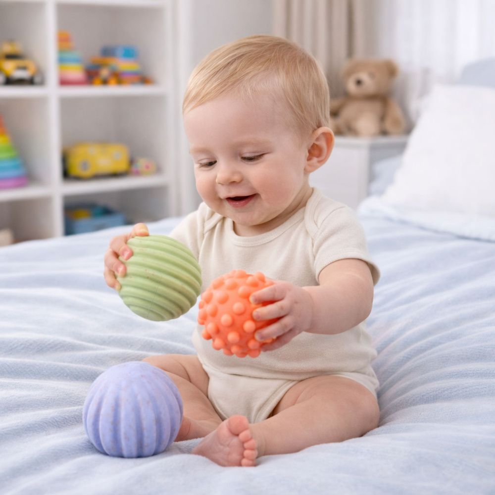 Set senzornih loptica za bebe pastelne boje 3 kom 6 cm slika 6
