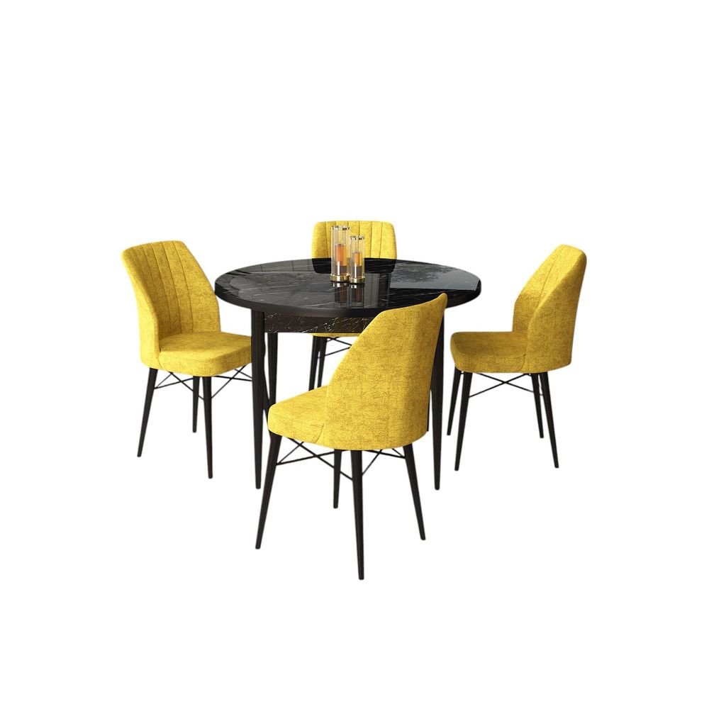 Rox - Crni Mramor, Mustard Crni Mramor - Set Trpezarijskog Stola i Stolica (5 Komada) slika 2