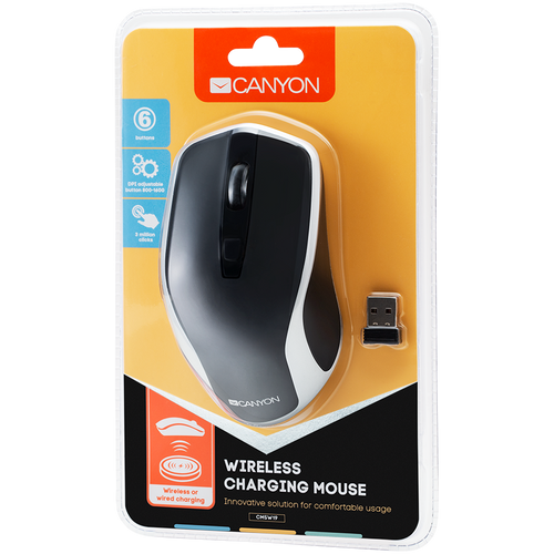 CANYON MW-19 2.4GHz Wireless Rechargeable Mouse with Pixart sensor, 6keys, Silent switch for right/left keys,DPI: 800/1200/1600, Max. usage 50 hours for one time full charged, 300mAh Li-poly battery, Black -Silver, cable length 0.6m, 121*70*39mm, 0.103kg slika 5