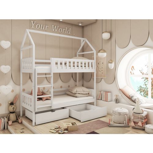 Drveni Dečiji Krevet Na Sprat Gaja Sa Fiokom - Beli- 200X90Cm slika 1