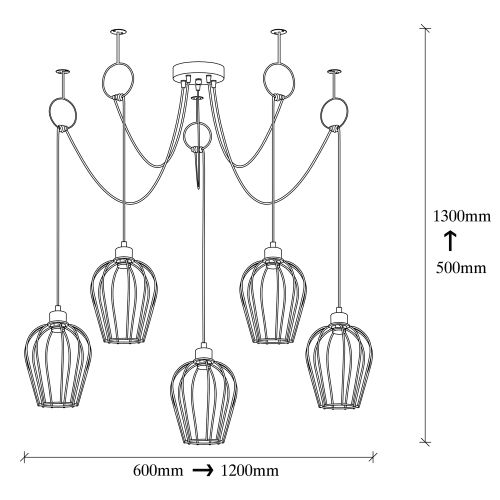 Opviq Vislica TEL crna, metal, promjer 120 cm, visina 130 cm, promjer sjenila 20 cm, visna 22 cm, podesvia visina, duljina kabla 180 cm, 5 x E27 40 W, Tel - 6691 slika 5