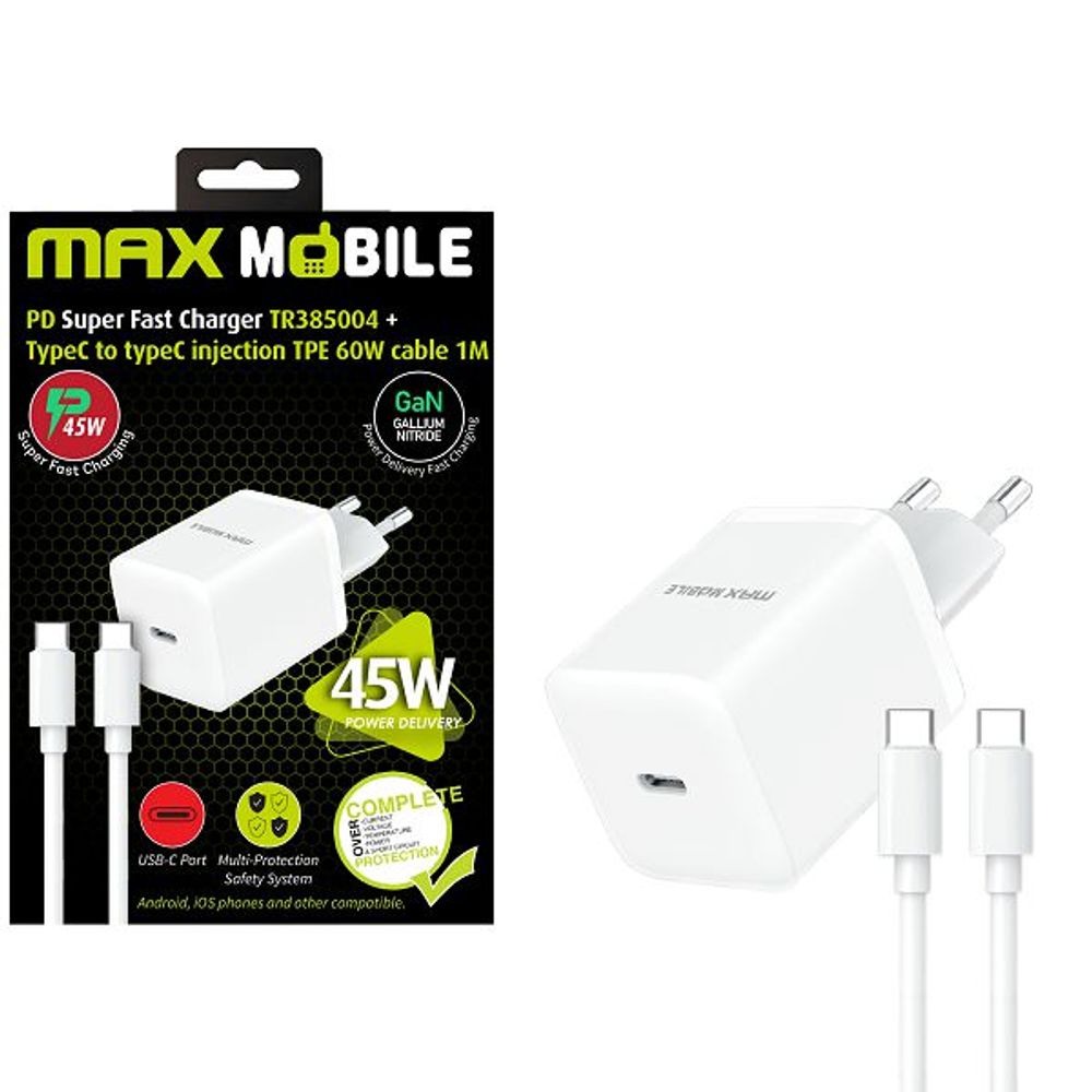 MAXMOBILE KUĆNI PUNJAČ PD SUPER FAST CHARGE SET 2U1 TYPE C+KABEL,TR385004 Gan45W slika 1