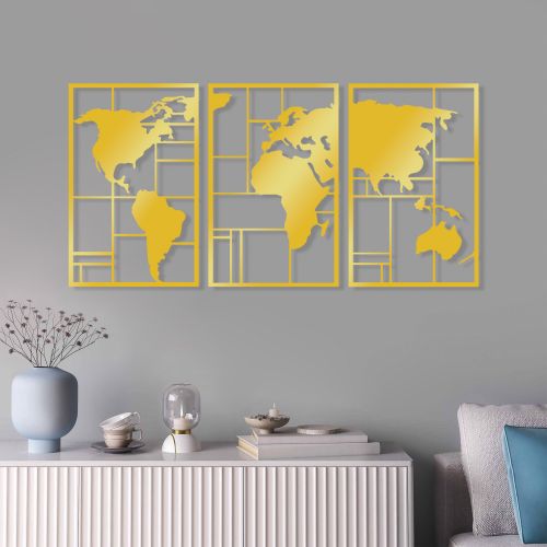 Wallity Metalna zidna dekoracija Golden Triple World Map slika 2