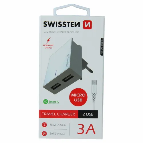 Swissten punjač 2x USB 3A+ kabl micro USB 1,2m bela slika 3