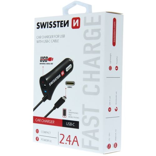 SWISSTEN punjač za auto, 1xUSB-C, 1xUSB + USB-C kabel, crni slika 2