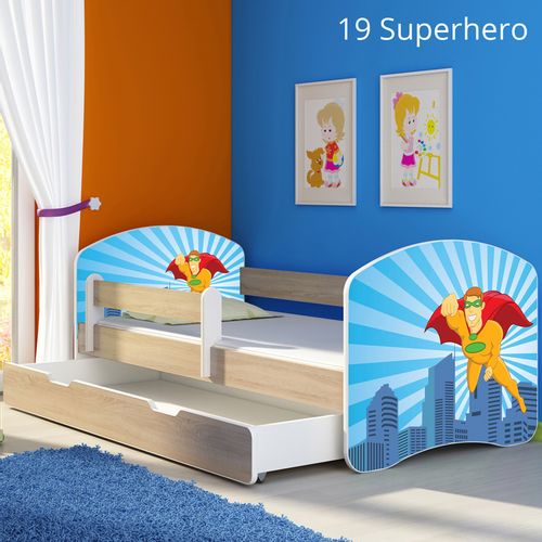 Dječji krevet ACMA s motivom, bočna sonoma + ladica 140x70 cm 19-superhero slika 1