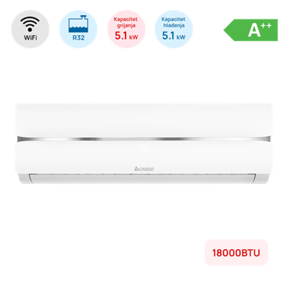 Klima Chigo 18000BTU, 5.1kW, A++, R32, -25°C ~ 50°C, s grijačem, WiFi, bijela slika 1