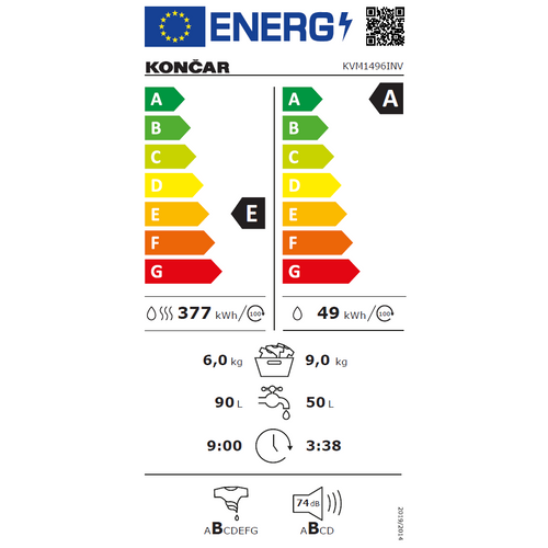 Končar KVM1496INV Mašina za pranje i sušenje veša, 9/6 kg, 1400 rpm, Inverter, Dubina 58 cm slika 2