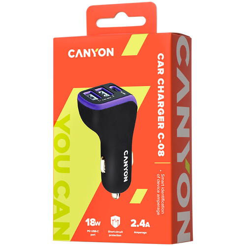 CANYON C-08, Universal 3xUSB car adapter, Input 12V-24V, Output DC USB-A 5V/2.4A(Max) + Type-C PD 18W, with Smart IC, Black+Purple with rubber coating, 71*39*26.2mm, 0.028kg slika 4