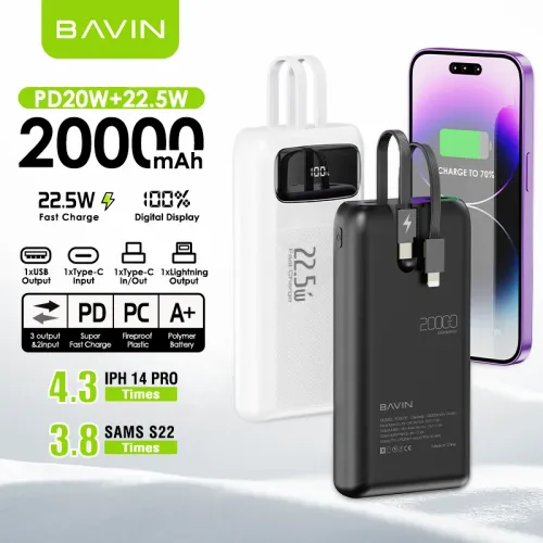 Bavin Power bank 20000mAh 22,5W Type C & Ligtning kabl bela slika 8