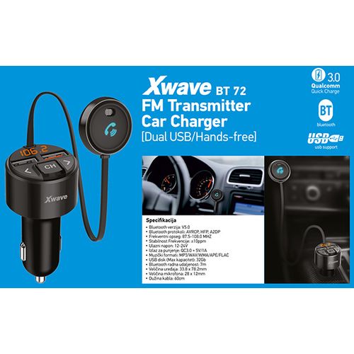 Xwave BT72 FM transmiter za kola/Bluetooth,LCD,mp3,wma,flac/USB2x,brzo punjenje slika 5