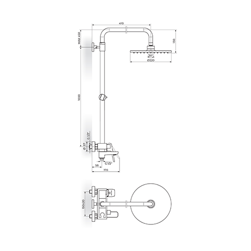 Rosan  STOLZ – WHITE Baterija za tuš kadu sa usponskim tušem D.220mm i izlivom slika 2