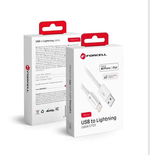 FORCELL kabel USB A na Lightning 8-pinski MFi 2.4A/5V 12W C703 1m bijeli slika 1