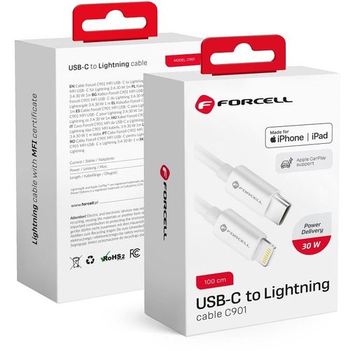 FORCELL kabel Type- C na Lightning 8-pinski MFi 3A/9V 30W (maks.) C901 1m bijeli slika 1