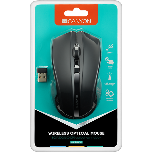 CANYON MW-5 2.4GHz wireless Optical Mouse with 4 buttons, DPI 800/1200/1600, Black, 122*69*40mm, 0.067kg slika 4