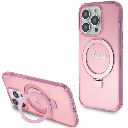 Originalna GUESS Hardcase GUHMP15XHRSGSP torbica za iPhone 15 Pro Max (Magsafe / Glitter Script Logo / stalak za prsten / pink) slika 1