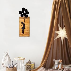 Chıld And Balloons Black Decorative Wooden Wall Accessory