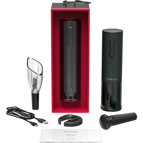 Prestigio Bolsena, smart wine opener, simple operation with 2 buttons, aerator, vacuum stopper preserver, foil cutter, opens up to 80 bottles without recharging, 500mAh battery, Dimensions D 48.2*H183mm, black color. slika 9