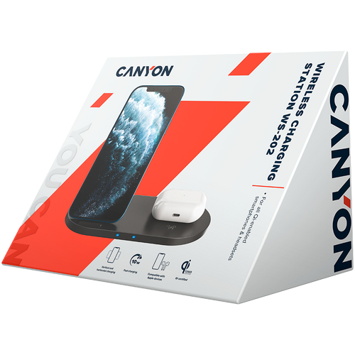 CANYON WS-202 2in1 Wireless charger, Input 5V/3A, 9V/2.67A, Output 10W/7.5W/5W, Type c cable length 1.2m, PC+ABS,with PU part ,180*86*111.1mm, 0.185Kg,Black slika 3